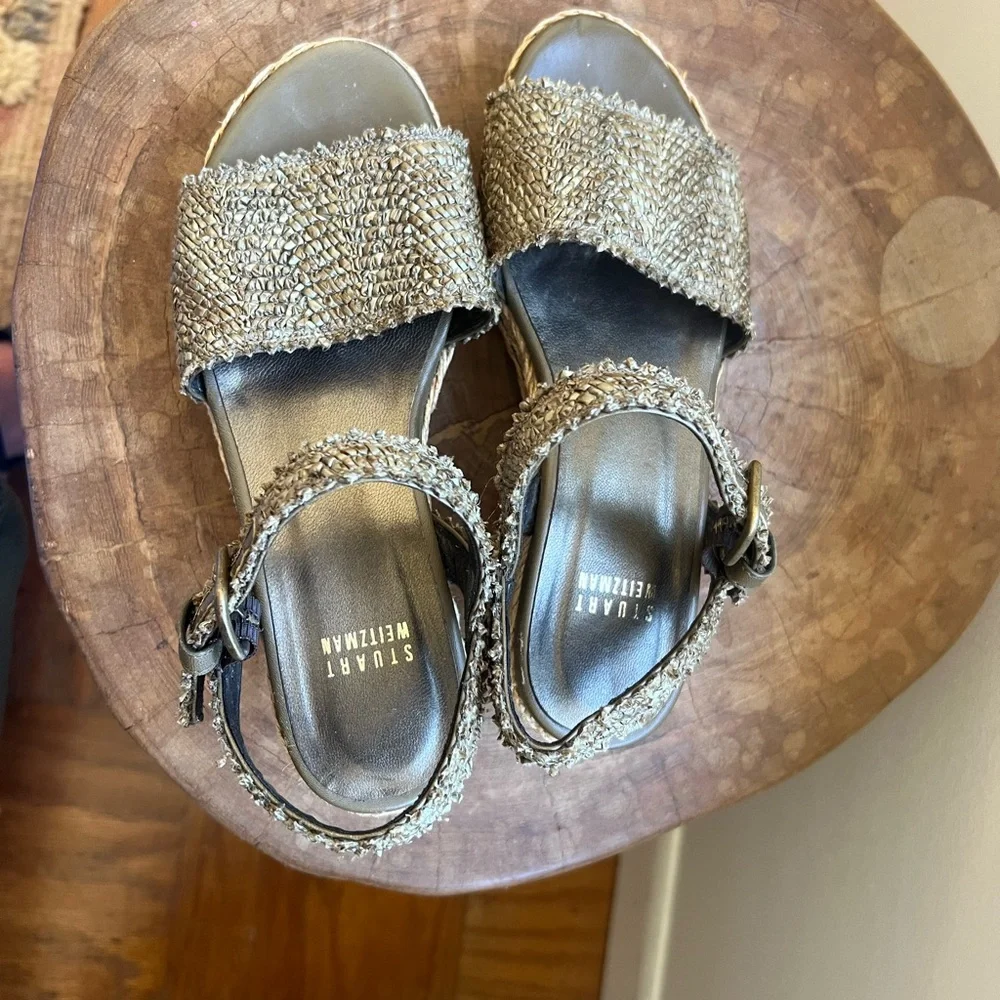 Stuart Weitzman Tan Olive Green Espadrille Wedges